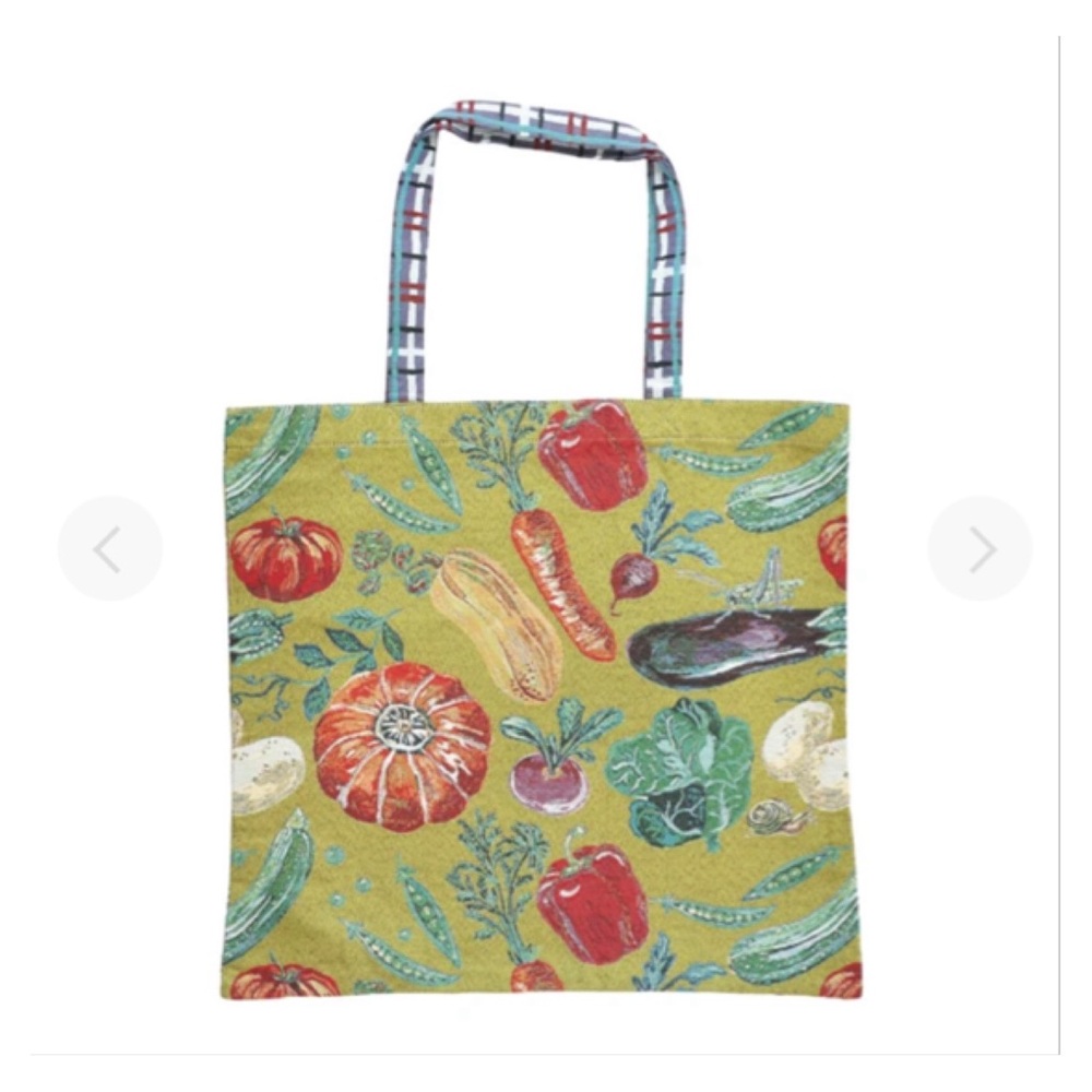 Nathalie Lete Large Tote bag with checked handles. Green with vegetables pattern